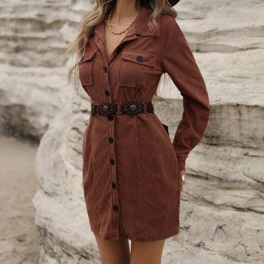“Brown Button-Up Midi Dress with Belt”